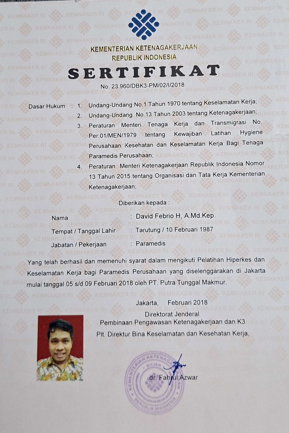 Sertifikat Hiperkes dan Keselamatan Kerja bagi Paramedis Perusahaan